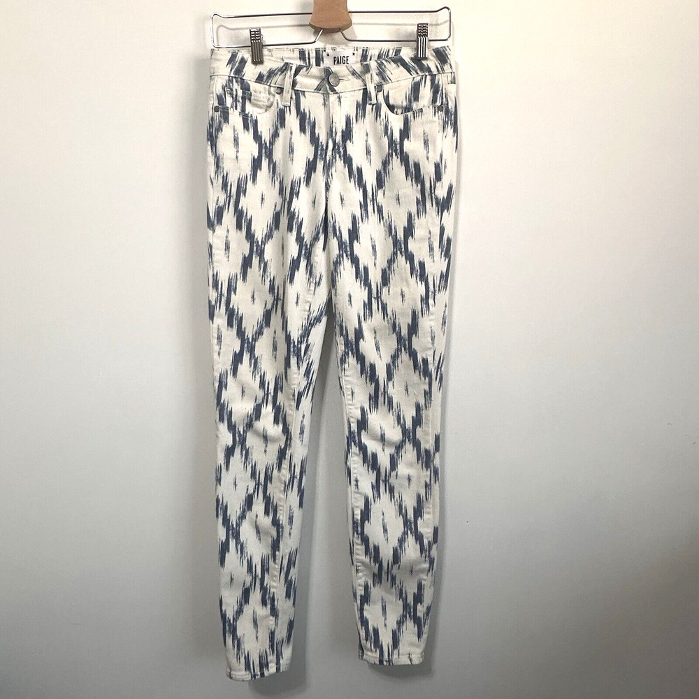 Paige Jeans 28 Verdugo Ultra Skinny Blue White Ikat Print Trendy Pants Ankle